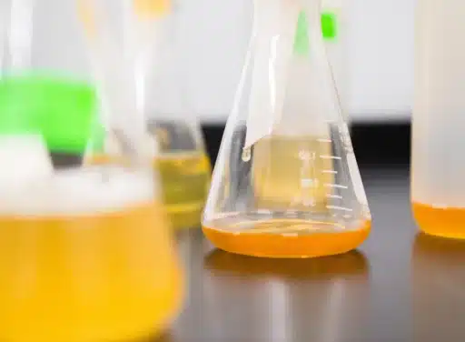 Clear Erlenmeyer flask on a dark table with orange chemical inside